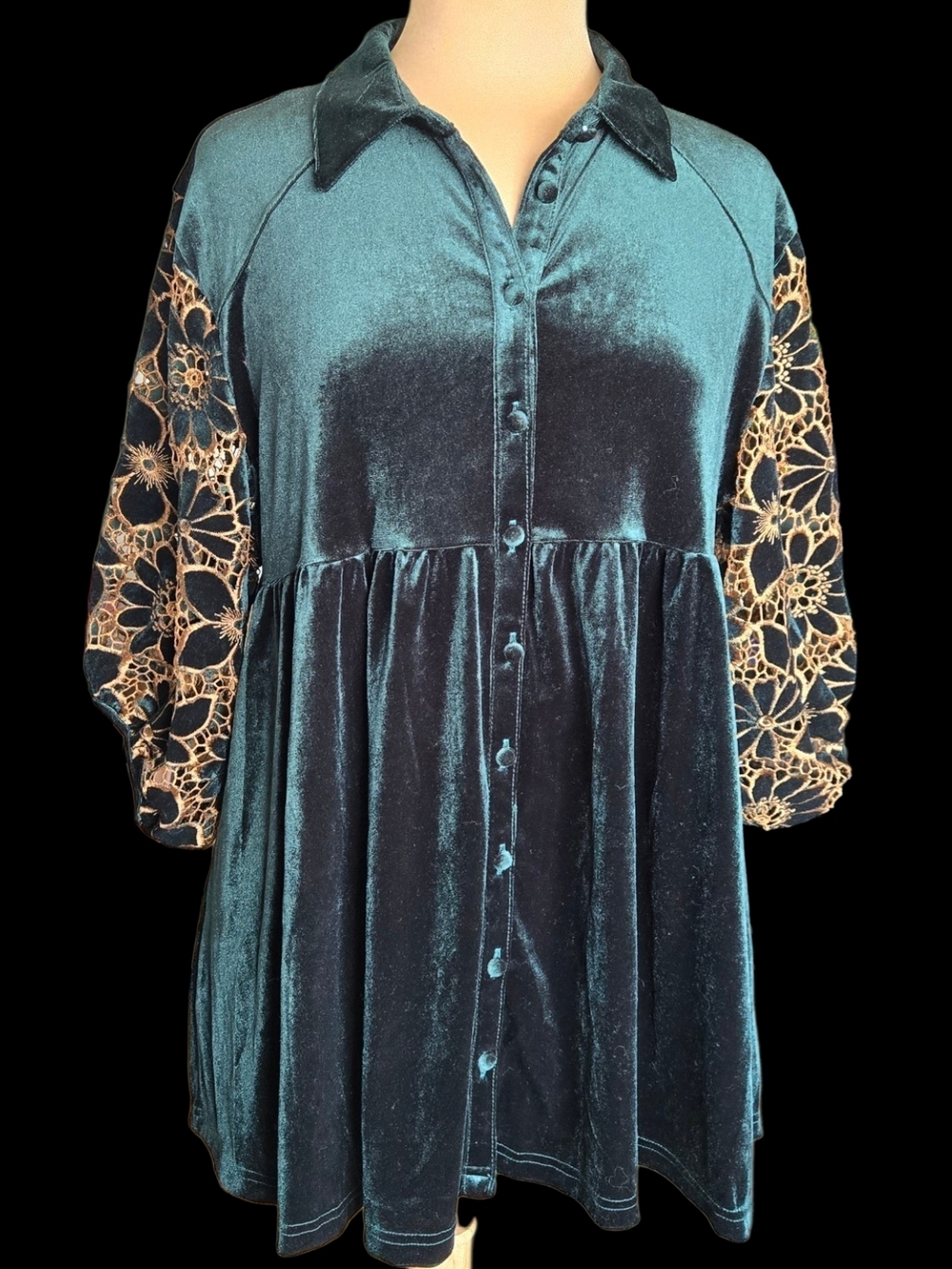 Umgee Teal Velvet Button-Down Tunic with Cream Lace Sleeves